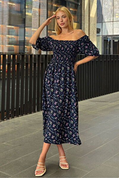 VAGGON Γυναικείο φόρεμα με μπλε ναυτικό σχέδιο με λουλούδια με γιακά Madonna με ραμμένο σμόκ Vs00368