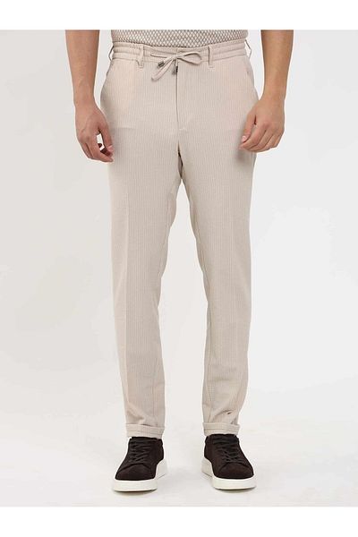 Dufy Beige Slim Fit Striped Men's Jogger Trousers -104472