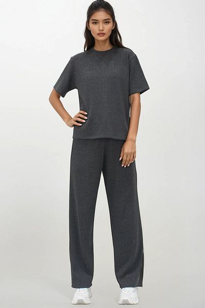 VAGGON Women's Anthracite Cycling Collar Short Sleeve T-Shirt and Pants Set Prmx14069