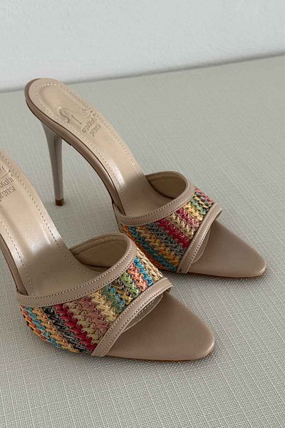 AYAKKABI PRENSİ Ruche Straw Detailed Colorful Straw Women's Heeled Slippers 10cm