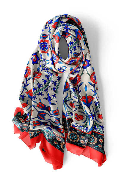 Bursa İpek Red Navy Blue Seljuk Pattern Silk Scarf