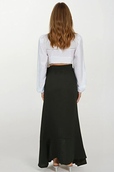 VAGGON Women's Khaki Asymmetrical Cut Button Closure Muslin Skirt Vs00207