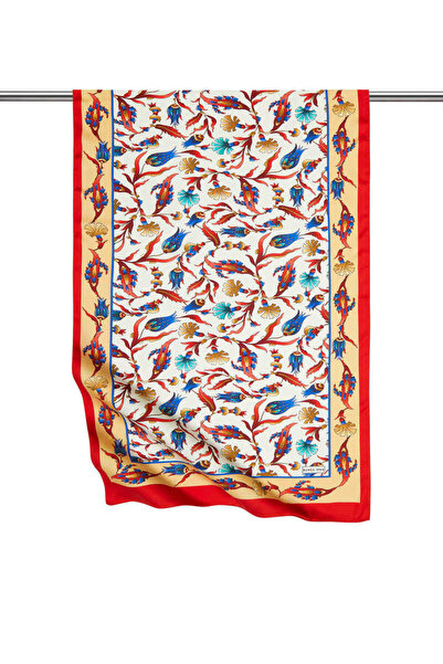 Bursa İpek Gold Kırmızı Karanfil Lale Desen Geniş İpeksi Fular