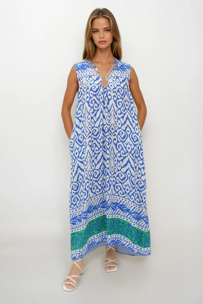 VAGGON Women's Blue Accessory Detailed Patterned Maxi Size Double Pocket Dress Dress Vs00267