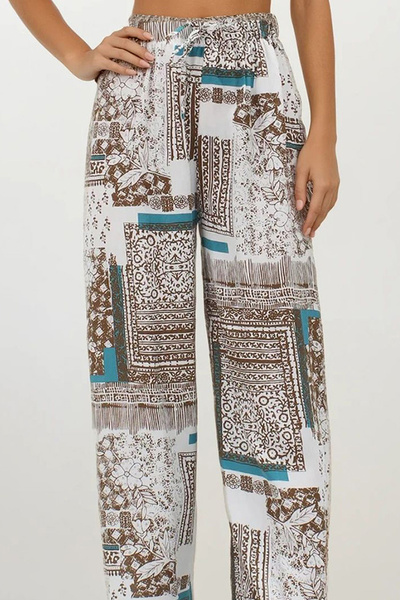 VAGGON Women's Brown Elastic Waist Linen Palazzo Patterned Trousers Vs00219