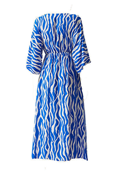 VAGGON Dámské MODRÉ šaty s hlubokým výstřihem do V a rozparkem Midi Length Dress VS00156