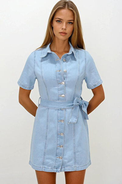 VAGGON Kadın BUZ MAVİ Düğme Kapamalı Kuşaklı Jean Elbise VS00169