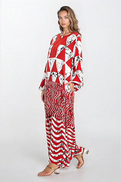 VAGGON Γυναικείο κόκκινο φόρεμα με ελαστικά μανίκια διπλή τσέπη Plus Size Vs00293