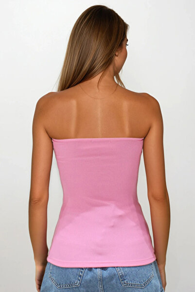 VAGGON Women's Pink Strapless Button Detailed Slit Ottoban Blouse Vs00225