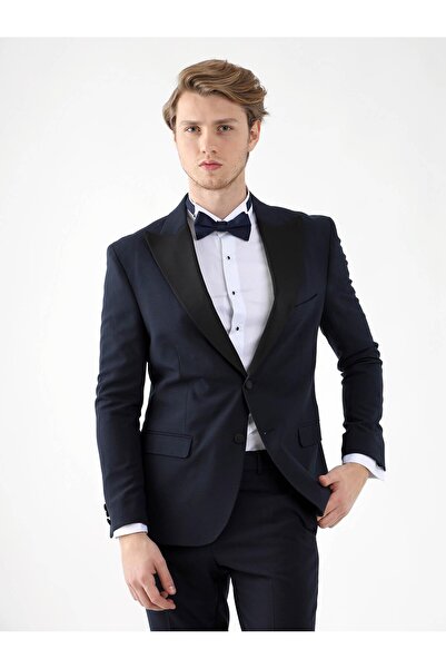 Dufy Lacivert Erkek Slim Fit Düz Sivri Yaka Smokin Takım