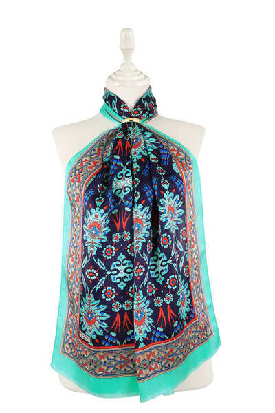 Bursa İpek Navy Blue Tulip Patterned Narrow Silk Scarf