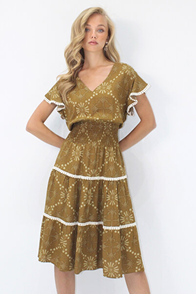 VAGGON Women's Oil Green V-Neck Ethnic Patterned Gipeli Detailed Woven Dress with Waist Detail Prmx14094