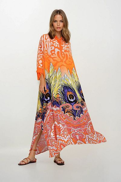 VAGGON Rochie de damă PORTOCALIE cu guler de judecător, cu mâneci liliac, cu imprimeu, lungime maxi, cu fante laterale, țesută PRMX12013