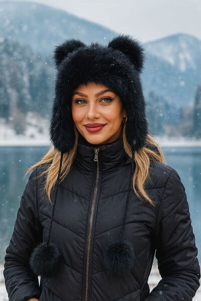 Axesoire 14580 Ponponlu Siyah Peluş Bere