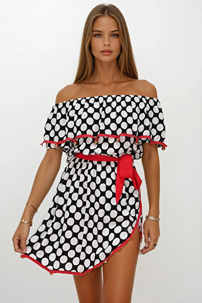 VAGGON Γυναικείο ΜΑΥΡΟ-ΛΕΥΚΟ Καλοκαιρινό φόρεμα με κολάρο Madonna με κεντημένο ασύμμετρο κόψιμο μίντι μήκους PRMX13644