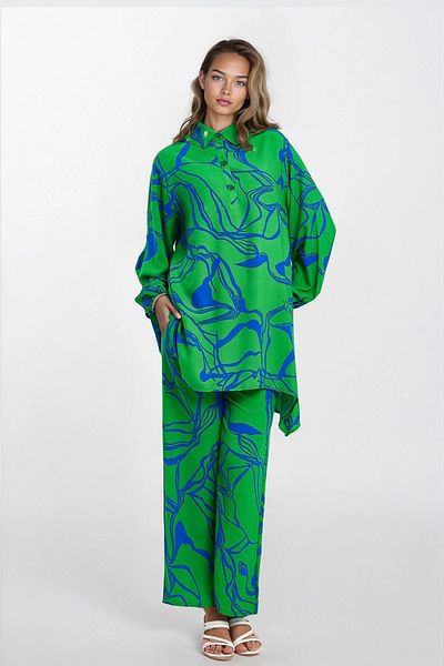 VAGGON Shirt Collar Half Placket Tunic and Elastic Waist Trousers Plus Size Bottom Top Set