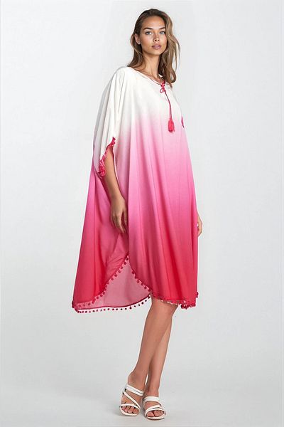 VAGGON Women's Pink Boat Neck Tassel Plus Size Viscose Dress Vs00347