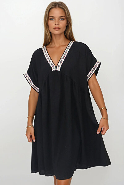 VAGGON Kadın Siyah V Yaka Kısa Kollu Midi Boy Rahat Kesim Elbise Vs00272