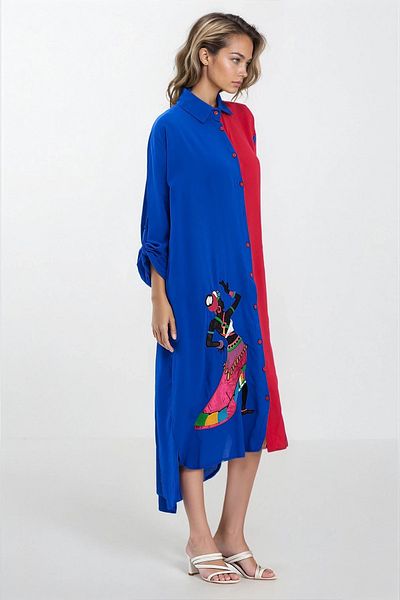 VAGGON Women's Saks Shirt Collar Slit Detail Plus Size Shirt Dress Vs00338