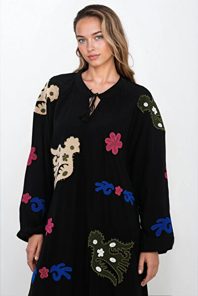 VAGGON Γυναικείο μαύρο φόρεμα δικαστή με κορδόνια μανίκια με ελαστικό σχέδιο Plus Size φόρεμα Vs00317