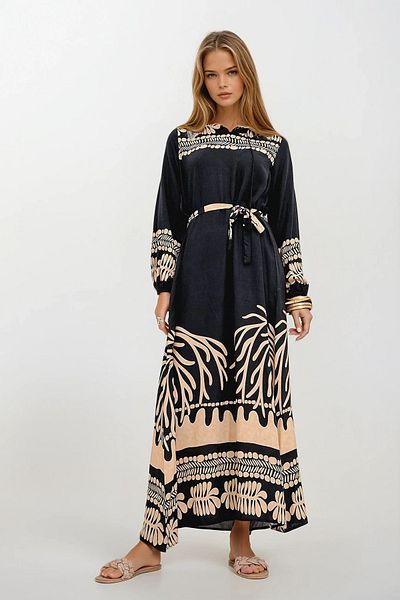 VAGGON Rochie neagră de damă, cu decolteu în jos, cu model, țesută din viscoză, PRMX12032