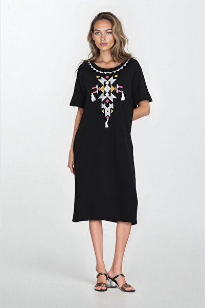 VAGGON Women's White Boat Neck Short Sleeve Large Bede Viscose Dress Vs00354