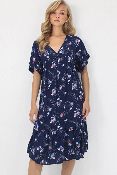 VAGGON Women's Navy Blue V-Neck Double Sleeve Patterned Relaxed Cut Double Pocket Woven Viscose Dress Prmx14196