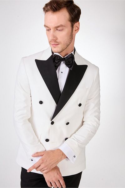 Dufy Costum smoking pentru bărbați, slim fit, cu guler drept, ecru - 92441
