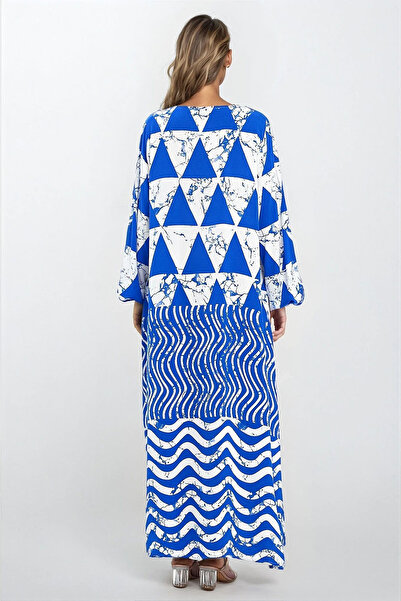 VAGGON Women's Blue Elastic Sleeves Double Pocket Plus Size Dress Vs00293