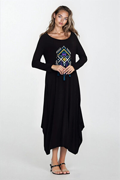 VAGGON Women's Black Asymmetrical Cut Embroidered Wide Collar Plus Size Dress Vs00346