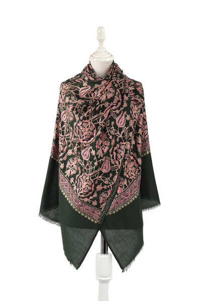 Bursa İpek Tulip Patterned Khaki Silk Wool Shawl - Pink