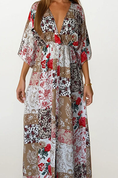 VAGGON Γυναικείο ΚΟΚΚΙΝΟ-ΜΠΕΖ Φόρεμα με έθνικ σχέδιο με διπλό γιακά με ελαστική μέση μάξι μήκους VS00167