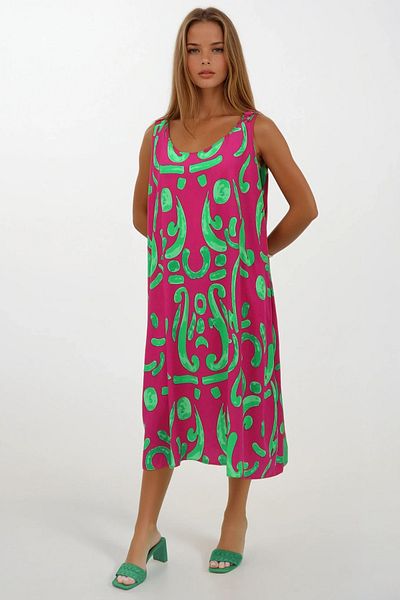 VAGGON Women's Green Elasticated Shoulders Sleeveless Relaxed Cutout Pattern Dress Vs00270
