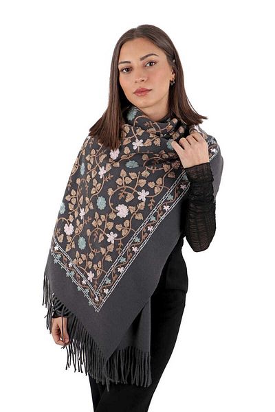 Bursa İpek Anthracite Embroidered Winter Shawl