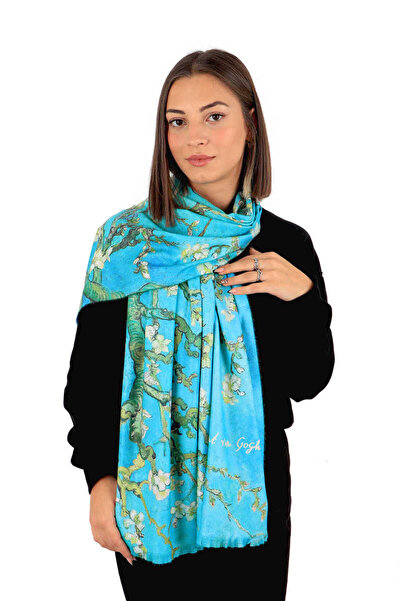 Bursa İpek Su Yeşil Badem Çiçeği Desen Kışlık Şal