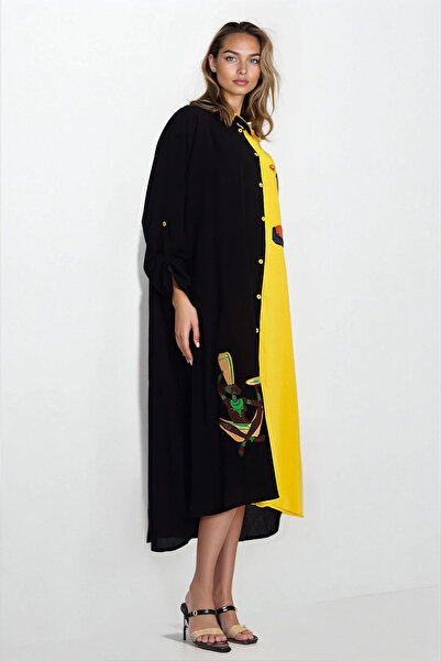 VAGGON Women's Yellow-Black Printed Shirt Collar Plus Size Shirt Dress Vs00348