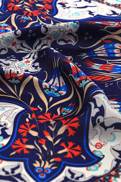 Bursa İpek Ecru Dark Blue Carnation - Tulip Patterned Silk Handkerchief