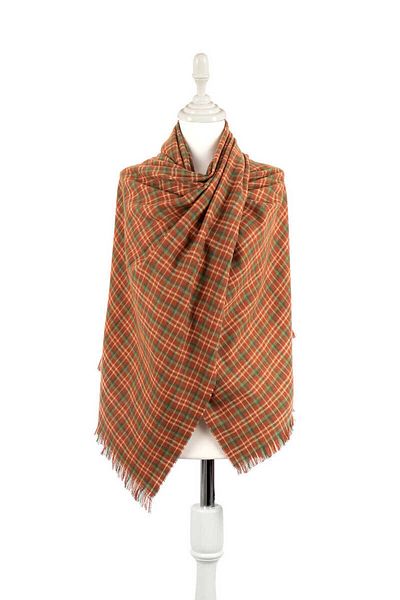 Bursa İpek Tan Green Plaid Pattern Winter Shawl