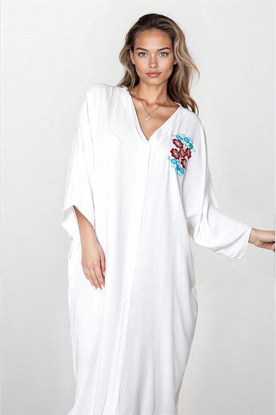 VAGGON Women's White Front Button Embroidery Plus Size Viscose Dress Vs00312