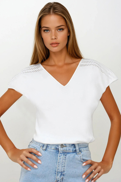 VAGGON Γυναικεία Λευκή Ανοιχτή Μπλούζα Πλεκτή με Λεπτομέρεια Σχισμής Vs00264