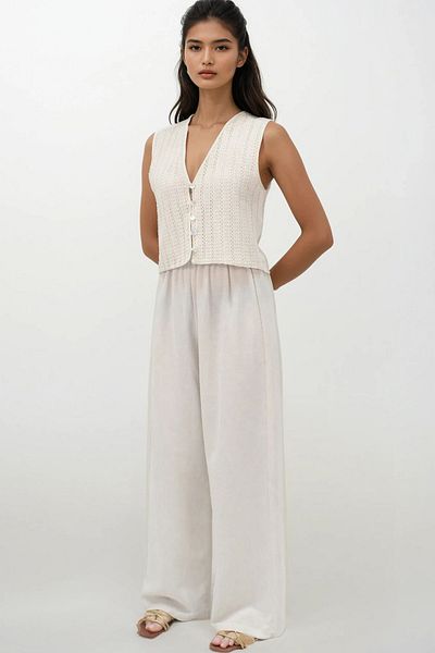 VAGGON Women's Ecru Gucci Lined Vest and Linen Palazzo Pants Set Prmx14188