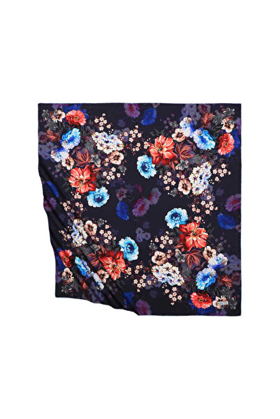 Bursa İpek وشاح حريري بنمط فوليا باللون الأزرق الداكن