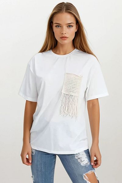 VAGGON Women's White Crew Neck Knit Pocket Two Thread T-Shirt Prmx11587