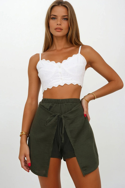 VAGGON Γυναικεία Χακί Μέση Ελαστική Κορδέλα Λεπτομερής Κάλυμμα Μουσελίνα Σορτς Φούστα Vs00209