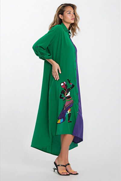 VAGGON Women's Green Shirt Collar Slit Detailed Plus Size Shirt Dress Vs00338