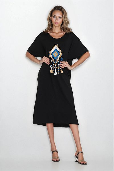 VAGGON Women's Black Embroidery Boat Neck Plus Size Dress Vs00353