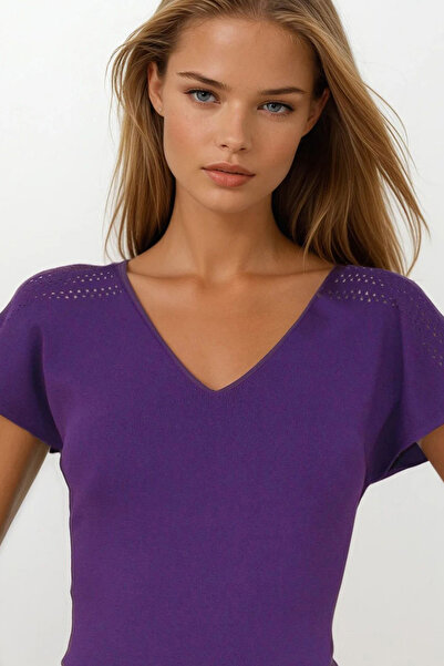 VAGGON Γυναικεία Μωβ Ανοιχτόχρωμη Μπλούζα Πλεκτό με Λεπτομέρεια Σχισμής Vs00264