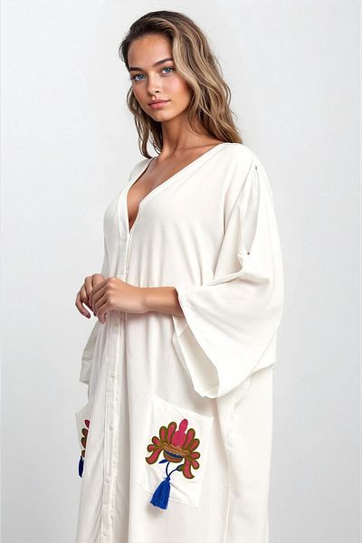 VAGGON Women's Ecru Double Pockets and Embroidery Button Asymmetrical Cut Out Plus Size Dress Vs00305