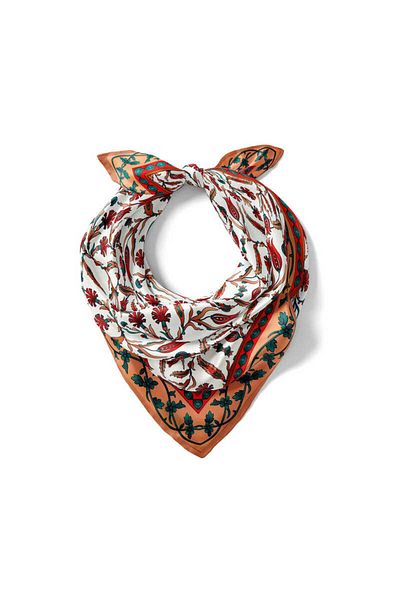 Bursa İpek Tan, Tulip and Carnation Patterned Silky Handkerchief
