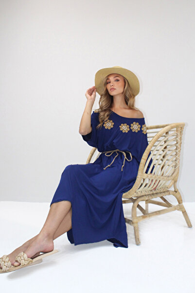 VAGGON Women's Navy Blue Asymmetrical Cut V-Neck Embroidered Double Pocket Belted Viscose Dress Prmx14198